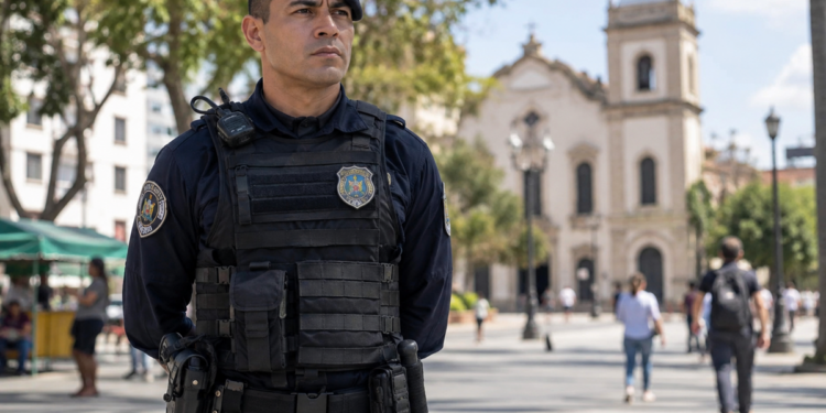 Guarda municipal de uniforme tático preto em praça urbana com igreja colonial ao fundo, simbolizando o concurso Guarda de Guarulhos.