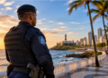 Guarda Municipal de Salvador com colete à prova de balas vigia orla, Farol da Barra e prédios ao fundo, ao pôr do sol, simbolizando a divulgação do novo concurso para a Guarda Municipal da cidade.
