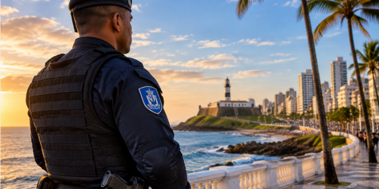 Guarda Municipal de Salvador com colete à prova de balas vigia orla, Farol da Barra e prédios ao fundo, ao pôr do sol, simbolizando a divulgação do novo concurso para a Guarda Municipal da cidade.