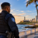 Guarda Municipal de Salvador com colete à prova de balas vigia orla, Farol da Barra e prédios ao fundo, ao pôr do sol, simbolizando a divulgação do novo concurso para a Guarda Municipal da cidade.