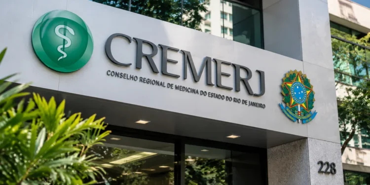 Fachada do CREMERJ com identificação do Conselho Regional de Medicina do Estado do Rio de Janeiro para concurso público de 2026.
