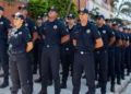 Guardas municipais de Cubatão uniformizados durante formação para representar concurso público da Guarda Municipal.