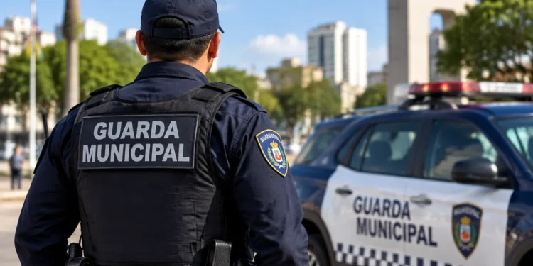 Guarda municipal fardado ao lado de viatura representando concurso da Guarda Municipal de Resende RJ.