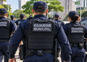 Grupo de guardas municipais uniformizados em atuação representa concurso da Guarda Municipal de São Gonçalo RJ.