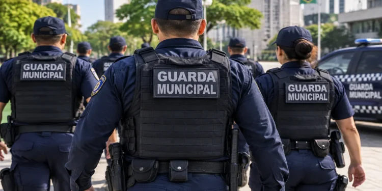 Grupo de guardas municipais uniformizados em atuação representa concurso da Guarda Municipal de São Gonçalo RJ.