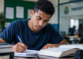 Candidato estudando para concurso de auxiliar administrativo de prefeitura com apostilas e materiais de preparação.