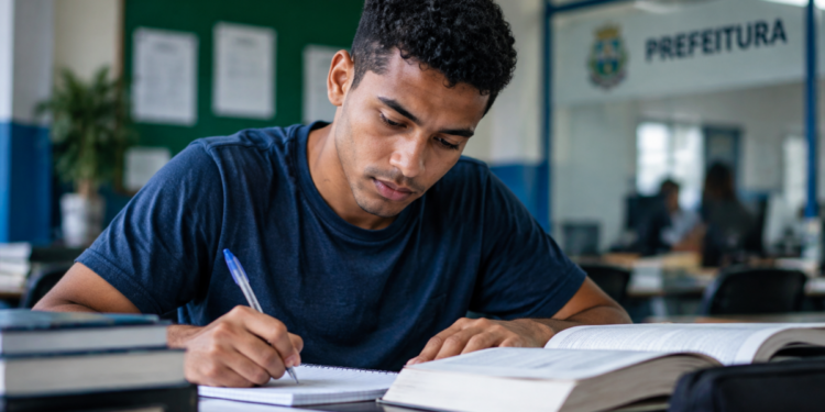 Candidato estudando para concurso de auxiliar administrativo de prefeitura com apostilas e materiais de preparação.