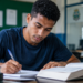 Candidato estudando para concurso de auxiliar administrativo de prefeitura com apostilas e materiais de preparação.