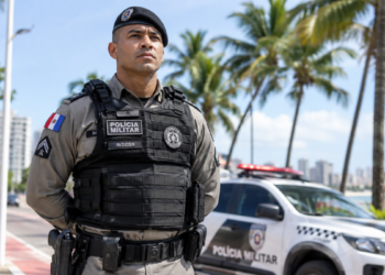 Policial militar fardado representa o concurso da PM AL com 1.060 vagas para soldados e oficiais.