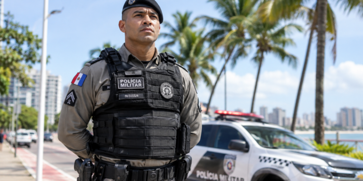 Policial militar fardado representa o concurso da PM AL com 1.060 vagas para soldados e oficiais.