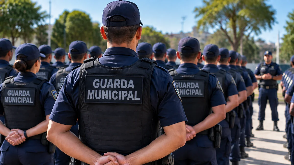 Guarda municipal em formação com agentes uniformizados representando concurso da Guarda Municipal de Resende.