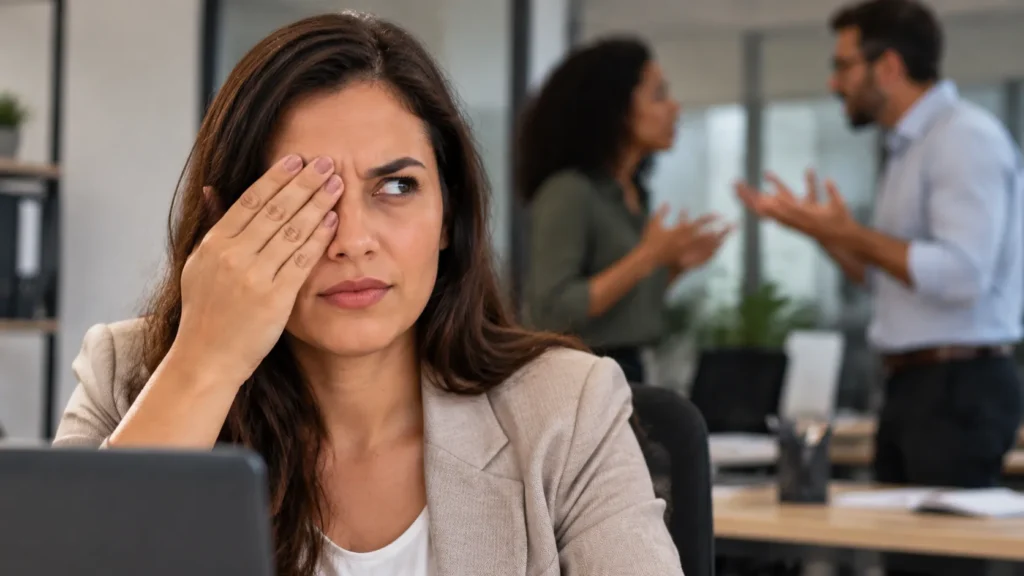 Mulher faz vista grossa em ambiente de trabalho enquanto colegas discutem ao fundo