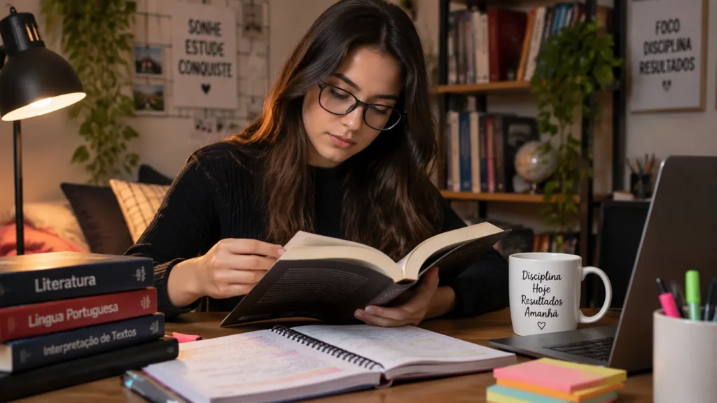 Estudante lendo livro em ambiente de estudos em casa, representando os conteúdos de Língua Portuguesa e Literatura do vestibular da Unicamp 2027.