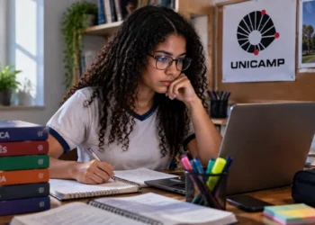Jovem estudando em ambiente de preparação acadêmica, com livros e notebook, representando a rotina de estudos para o vestibular da Unicamp 2027.