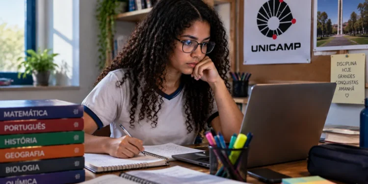 Jovem estudando em ambiente de preparação acadêmica, com livros e notebook, representando a rotina de estudos para o vestibular da Unicamp 2027.