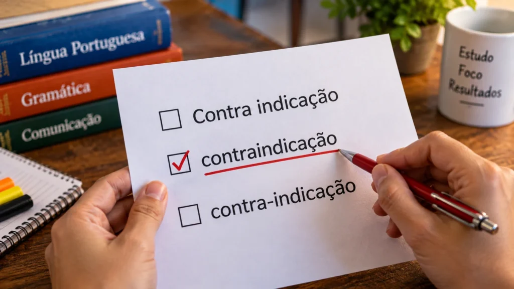 Pessoa segurando uma folha com diferentes formas de escrita da palavra contraindicação, representando a regra do uso do hífen.