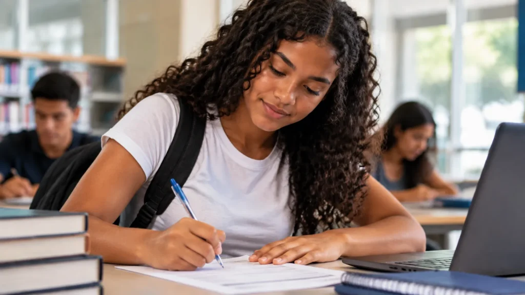 Jovem estudante escrevendo, representando os critérios de participação nos cursos técnicos gratuitos do Senac RJ.