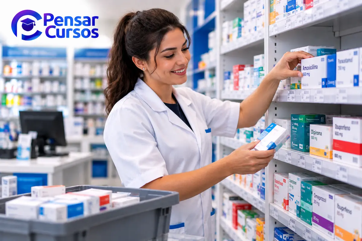 Profissional de farmácia organizando caixas de medicamentos nas prateleiras.