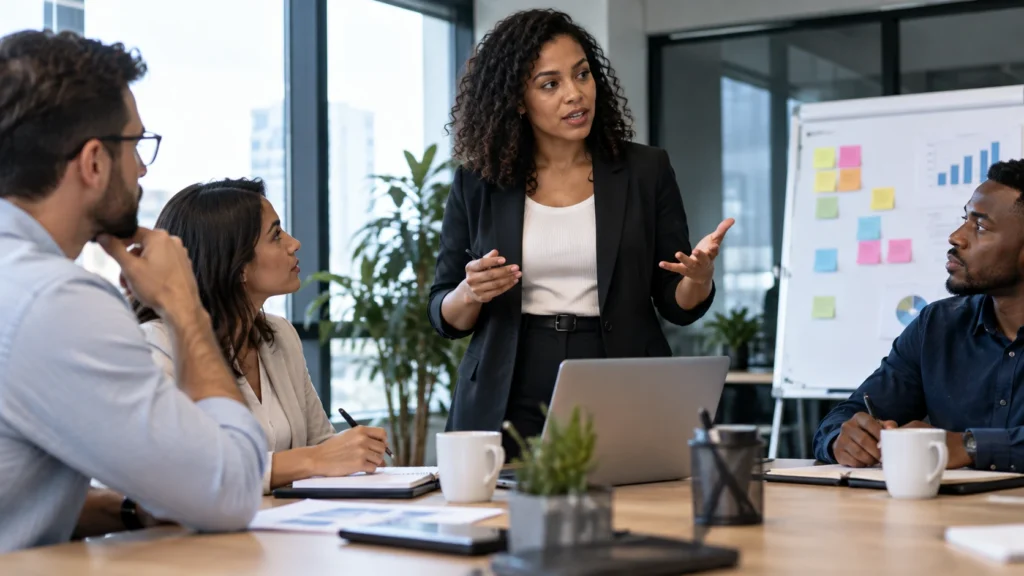 Profissional liderando reunião com equipe em ambiente corporativo
