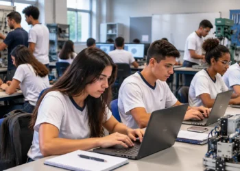Estudantes participam de aula prática em curso técnico com uso de computadores e equipamentos profissionais.