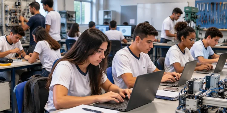 Estudantes participam de aula prática em curso técnico com uso de computadores e equipamentos profissionais.