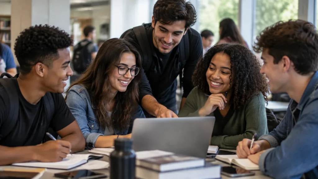 Estudantes universitários analisam conteúdos em computador representando cursos com maiores bolsas de estágio no Brasil