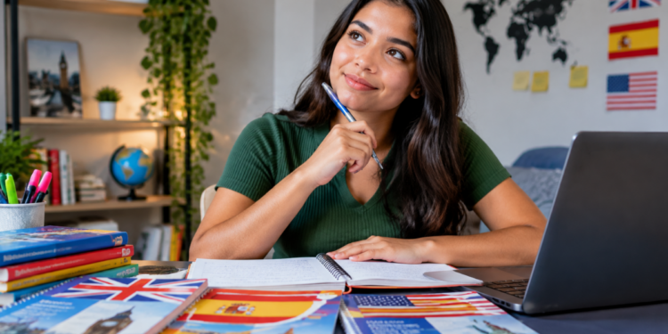 Estudante em ambiente de estudos com materiais de idiomas representando a formação bilíngue do Pensar Cursos.