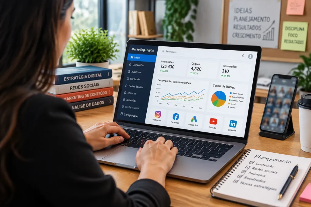 Profissional analisa estratégias de marketing digital em computador com gráficos de campanhas e métricas de resultados