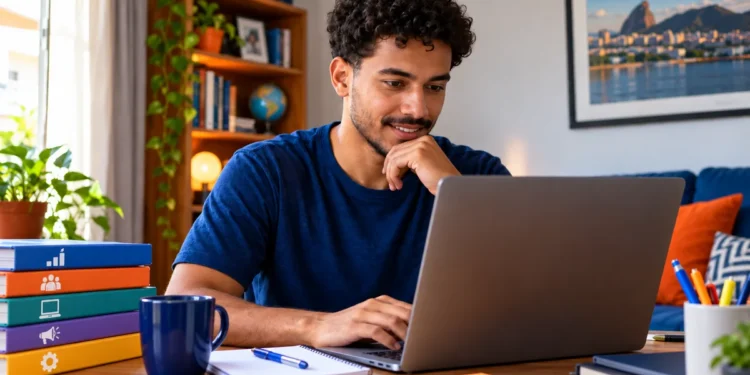Jovem brasileiro estudando pelo notebook com materiais de apoio, representando cursos de qualificação profissional.