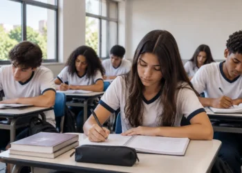Estudantes do Ensino Médio participam de aula em sala.