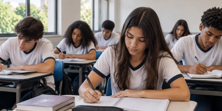 Estudantes do Ensino Médio participam de aula em sala.