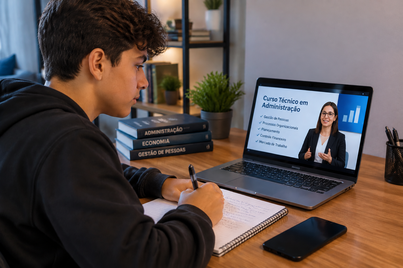 Estudante realizando curso técnico online de Administração em casa, representando formação profissional em gestão, finanças e controle de processos.