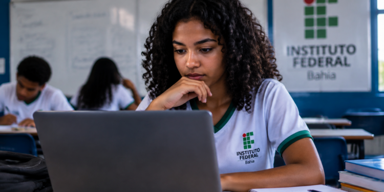 Estudante do IFBA utilizando notebook durante preparação para ingresso em cursos técnicos gratuitos.