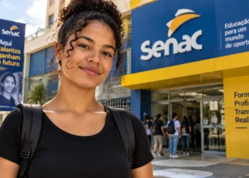 Estudante em frente ao Senac representa oportunidade de acesso a cursos técnicos gratuitos com apoio financeiro.