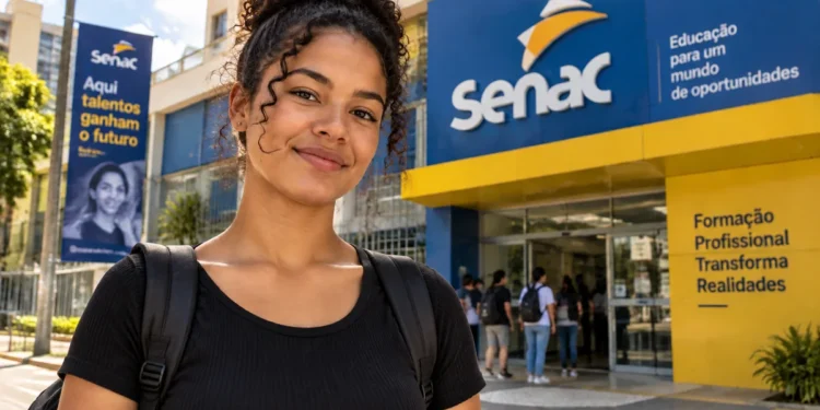 Estudante em frente ao Senac representa oportunidade de acesso a cursos técnicos gratuitos com apoio financeiro.