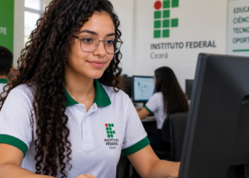 Estudante do IFCE em laboratório de informática durante curso técnico gratuito com inscrições abertas para 2027.1.