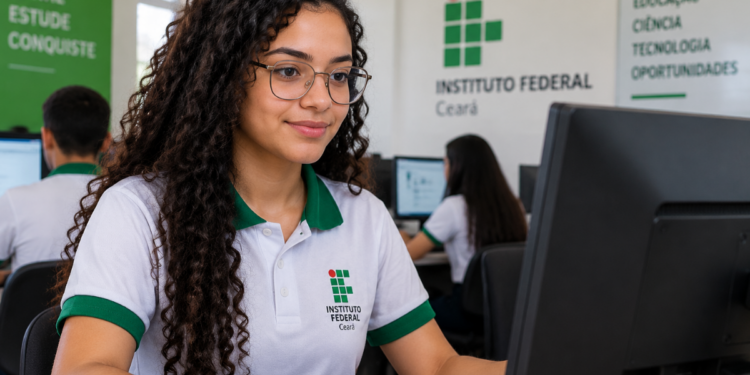 Estudante do IFCE em laboratório de informática durante curso técnico gratuito com inscrições abertas para 2027.1.