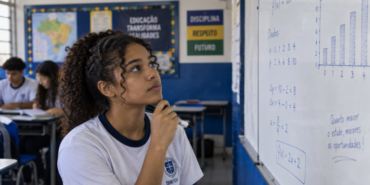 Estudante em sala de aula técnica analisando quadro com cálculos e gráficos, representando cursos técnicos para quem gosta de matemática.