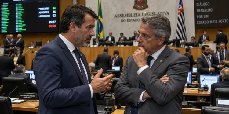Deputados conversam em plenário durante sessão legislativa, ilustrando as diferenças entre as funções de deputado estadual e federal.