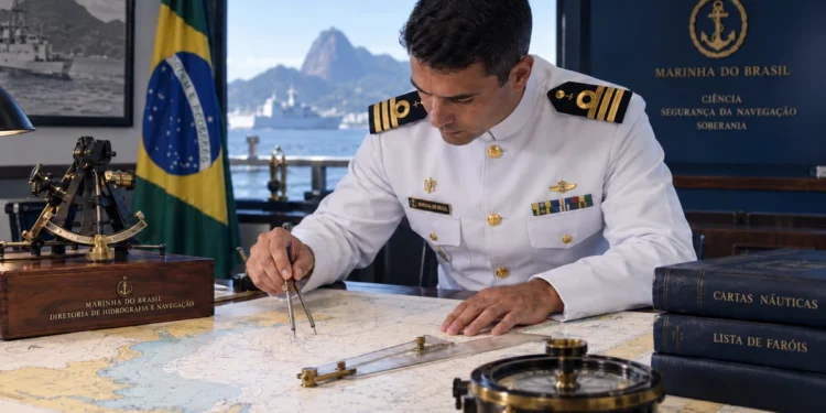 Hidrógrafo da Marinha do Brasil analisando carta náutica com instrumentos de navegação