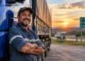 Caminhoneiro ao lado de carreta representa a origem da homenagem ao Dia do Transportador, celebrado em 17 de setembro.