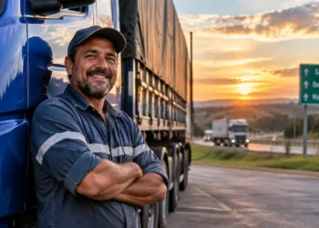 Caminhoneiro ao lado de carreta representa a origem da homenagem ao Dia do Transportador, celebrado em 17 de setembro.