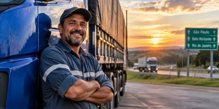 Caminhoneiro ao lado de carreta representa a origem da homenagem ao Dia do Transportador, celebrado em 17 de setembro.