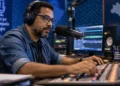 Radialista trabalha em estúdio de rádio com microfone e mesa de som durante gravação de programa