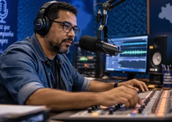 Radialista trabalha em estúdio de rádio com microfone e mesa de som durante gravação de programa