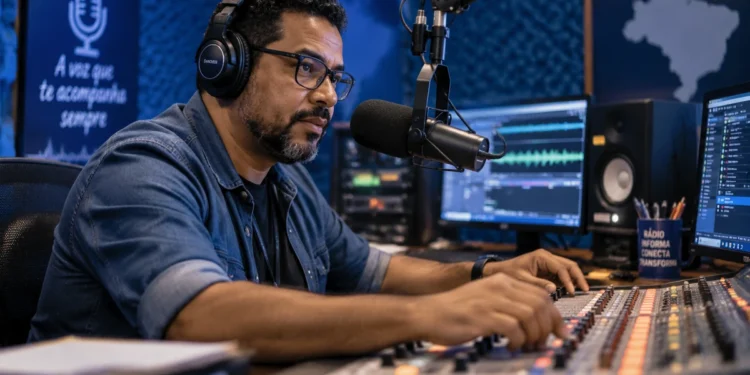 Radialista trabalha em estúdio de rádio com microfone e mesa de som durante gravação de programa