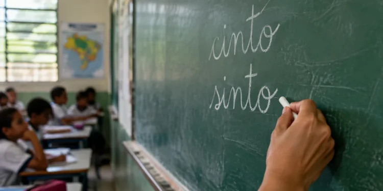 Cinto e sinto escritos em lousa de sala de aula, representando a diferença entre as duas palavras.