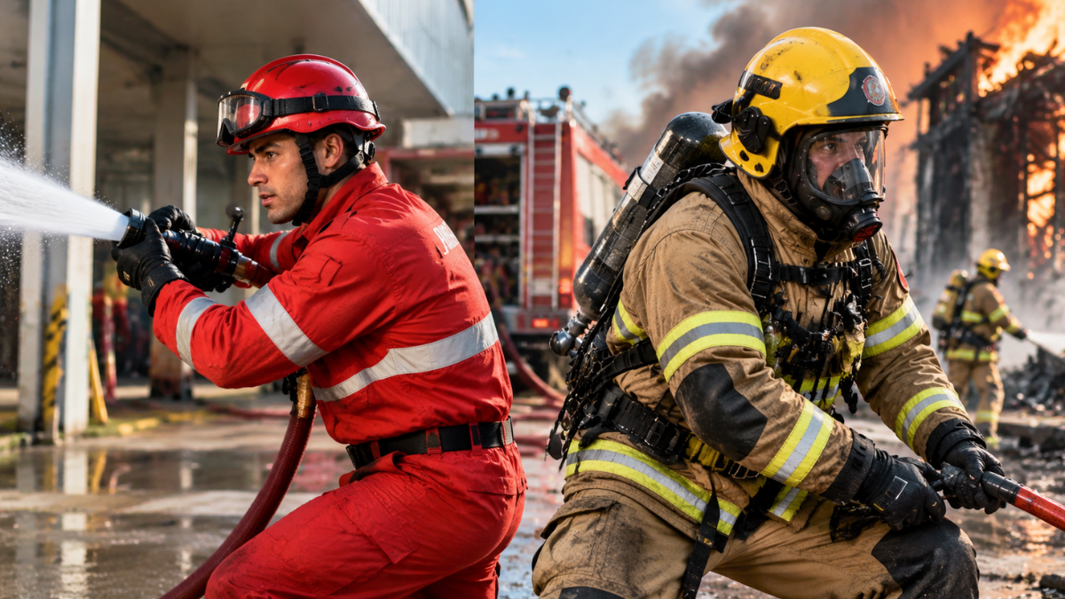 Bombeiro civil e bombeiro militar atuando no combate a incêndio em diferentes situações de emergência.