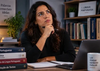 Estudante de língua portuguesa em ambiente de estudo, refletindo enquanto consulta materiais de gramática e escrita em uma mesa com livros.