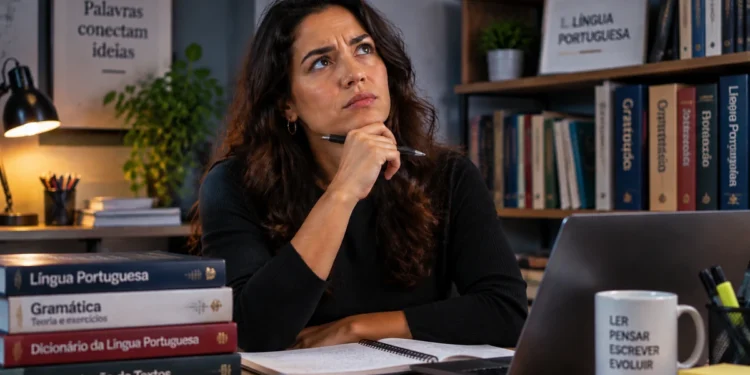 Estudante de língua portuguesa em ambiente de estudo, refletindo enquanto consulta materiais de gramática e escrita em uma mesa com livros.
